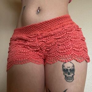 Coral Pink Crochet Ruffle Shorts